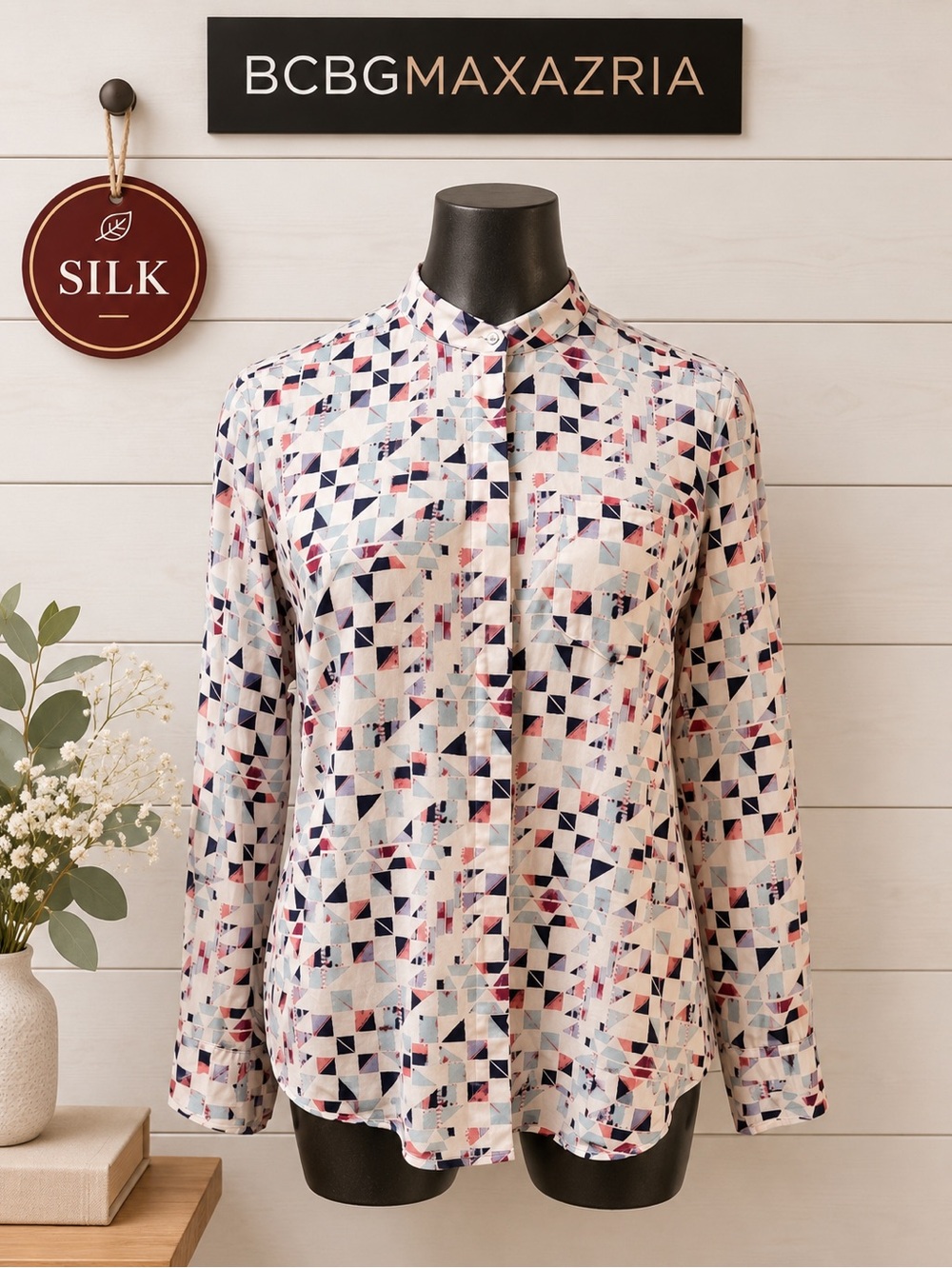 BCBGMAXAZRIA Ivory Multicolor Geometric Print Silk Blouse – Size S